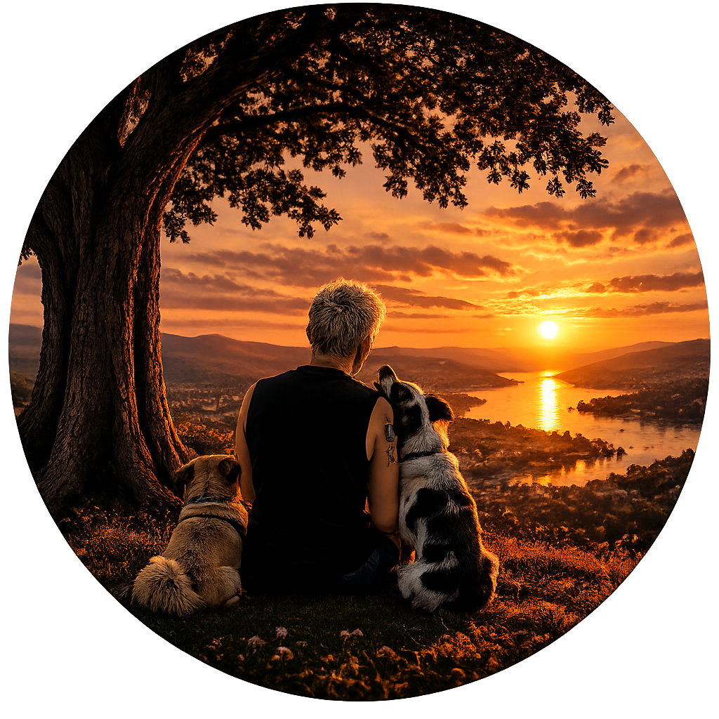 A person sits beneath a large tree with two dogs, overlooking a glowing sunset above a lake and mountains.